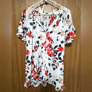 Floral White and Red Women's Blouse